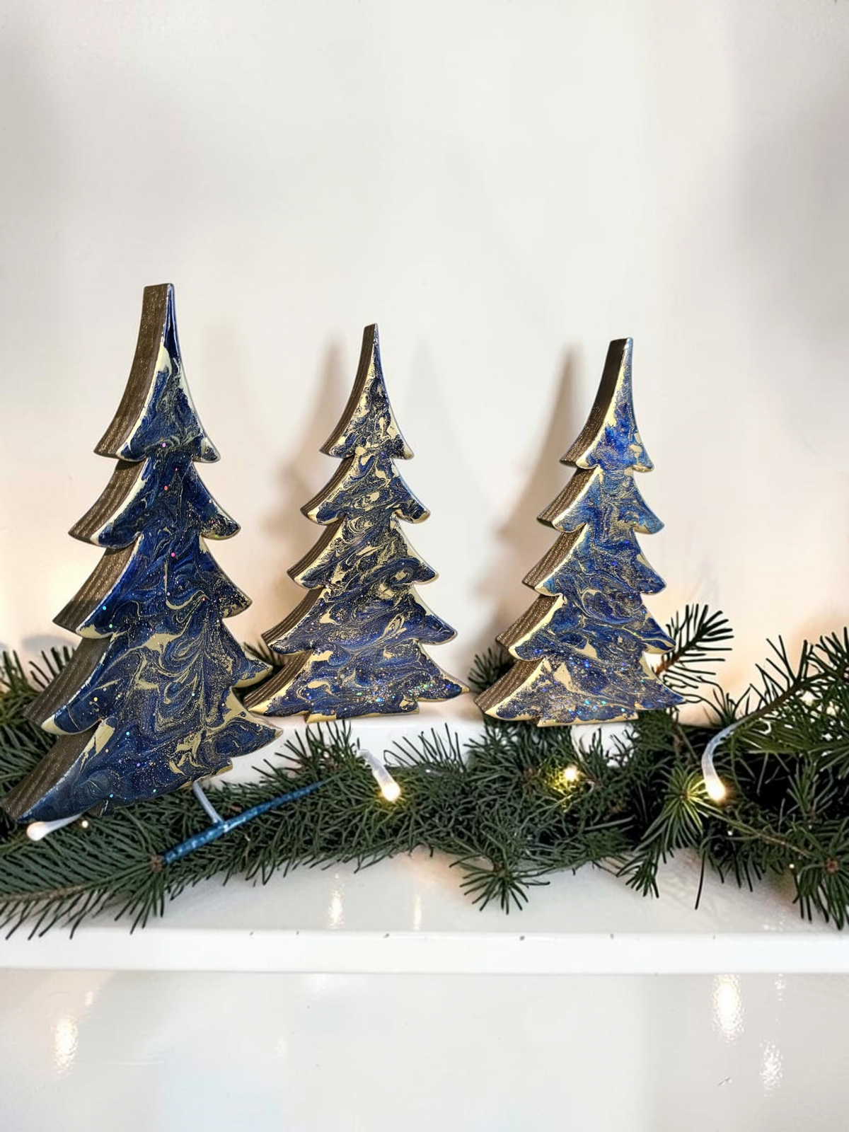 Rich Indigo Blue and Gold Handmade Resin and Wood Christmas Trees