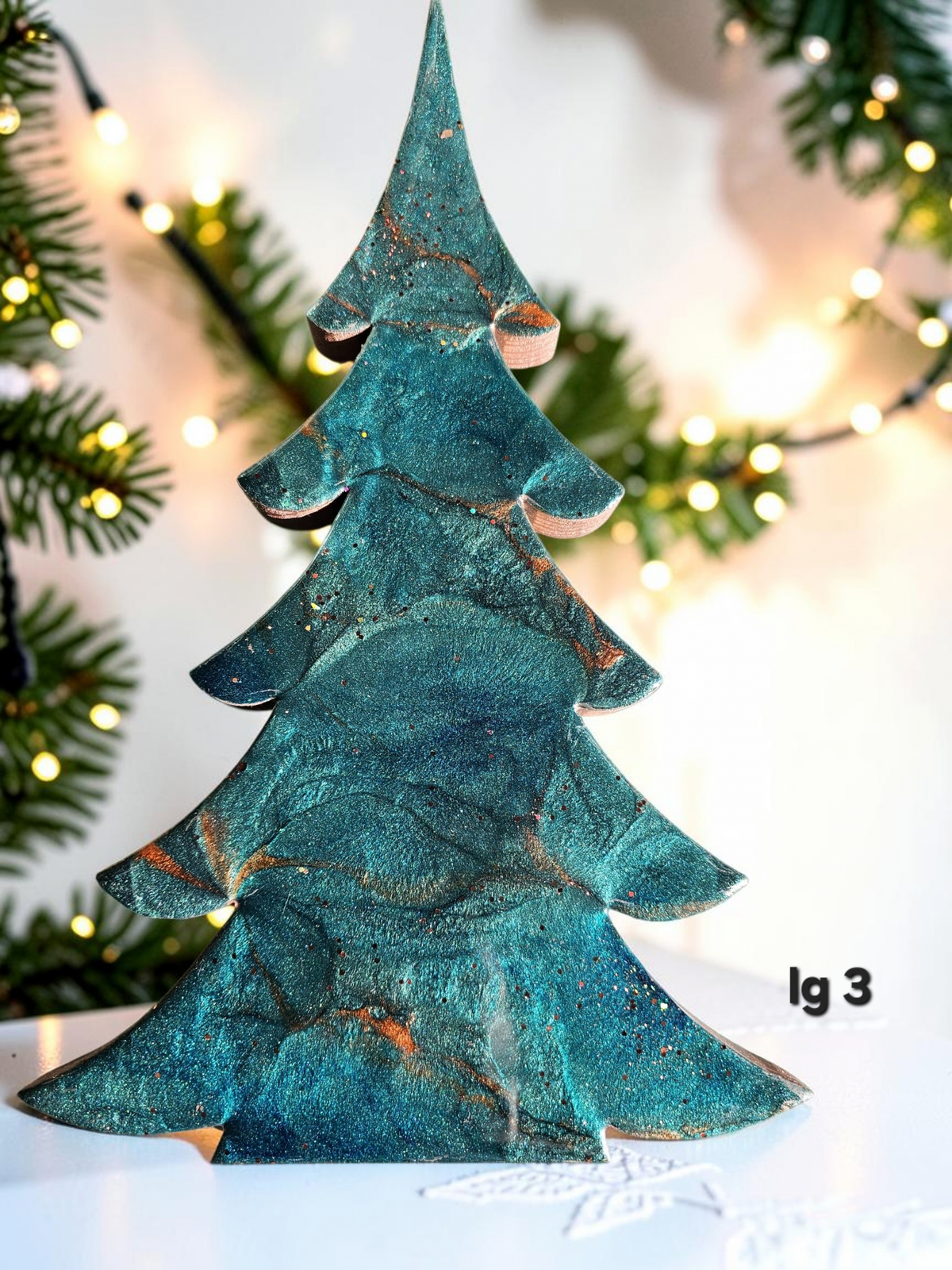 Deep Emerald Green & Copper Resin Wood Christmas Trees | 3D Tabletop Holiday Centerpiece | Emerald Copper and Geode Mantel Decor