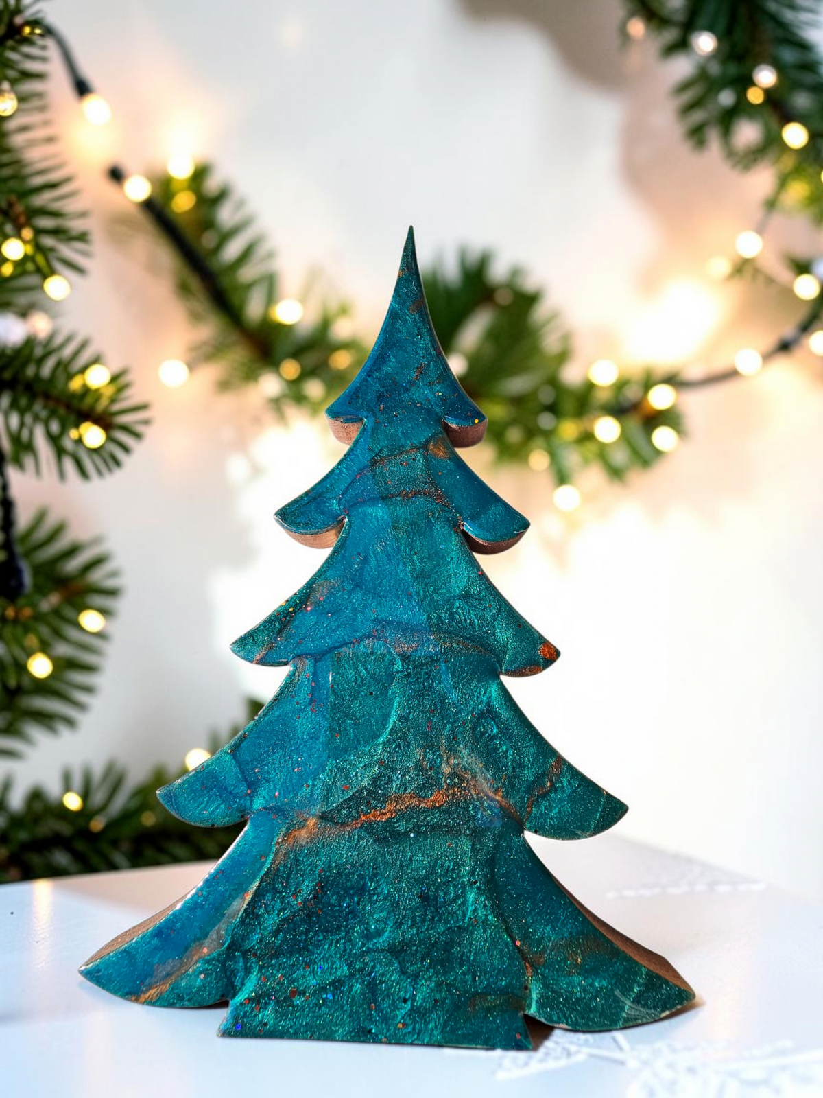 Deep Emerald Green & Copper Resin Wood Christmas Trees | 3D Tabletop Holiday Centerpiece | Emerald Copper and Geode Mantel Decor