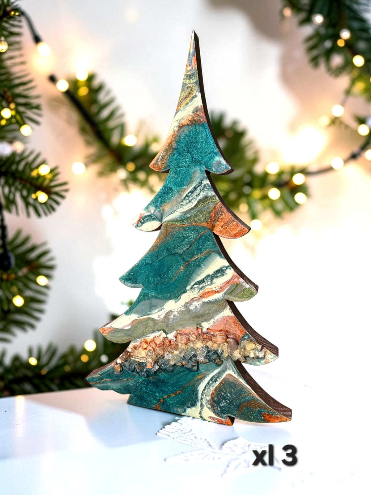 Deep Emerald Green & Copper Resin Wood Christmas Trees | 3D Tabletop Holiday Centerpiece | Emerald Copper and Geode Mantel Decor