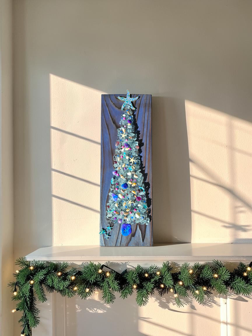 Coastal Crushed Glass Tree on Purple Shou Sugi Ban Wood (16" x 5.5")