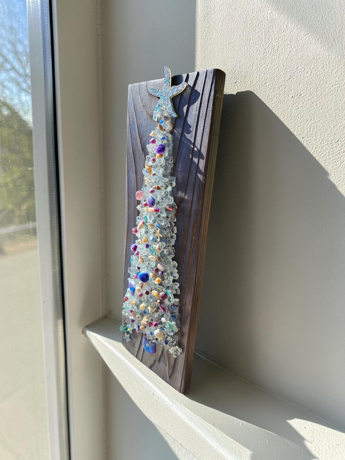 Coastal Crushed Glass Tree on Purple Shou Sugi Ban Wood (16" x 5.5")
