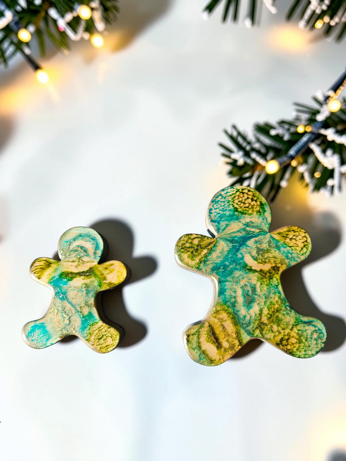 Chunky Wood with Resin Handmade Gingerbread Men Christmas Figurines Green