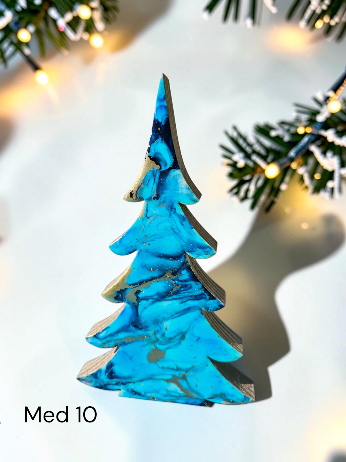 Handmade Light Blue, Navy & Gold Resin Wood Trees | Coastal Contemporary Tabletop Decor