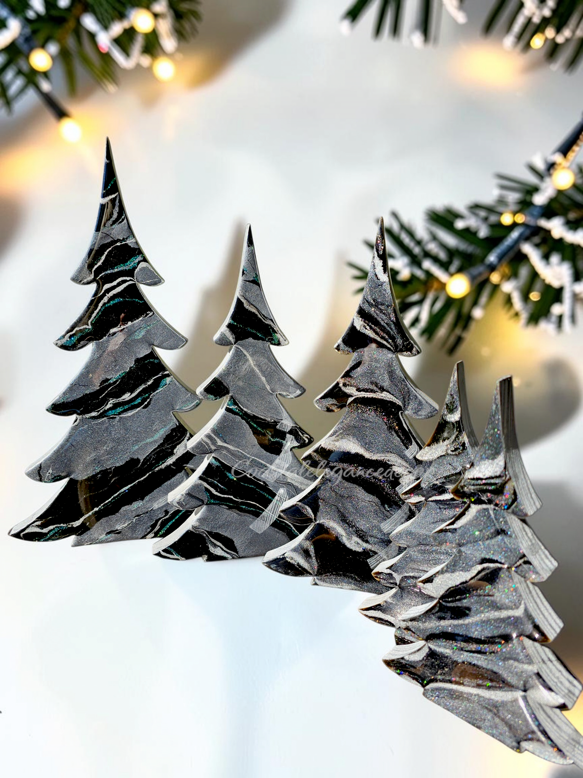 Contemporary Resin Tree – Black, Charcoal & Silver Garland Accent