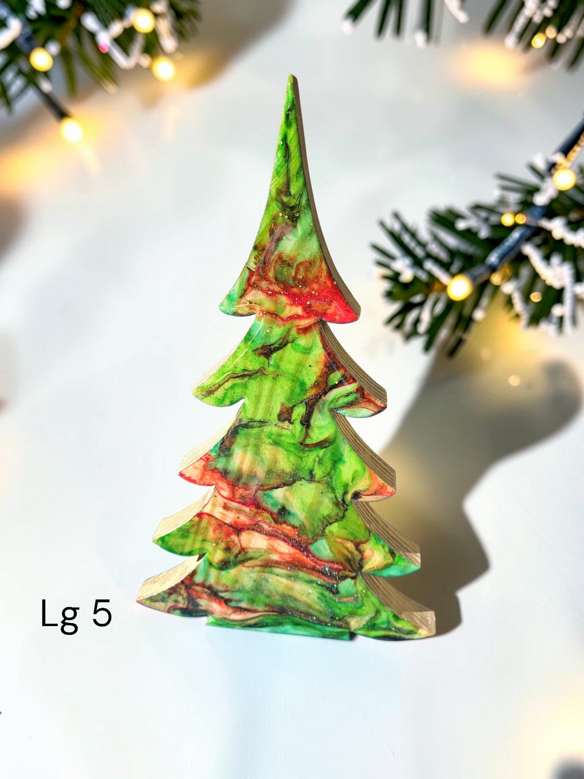 Handmade Green and Red Resin Christmas Trees with Branches Holiday Mantelpiece 3 Sizes