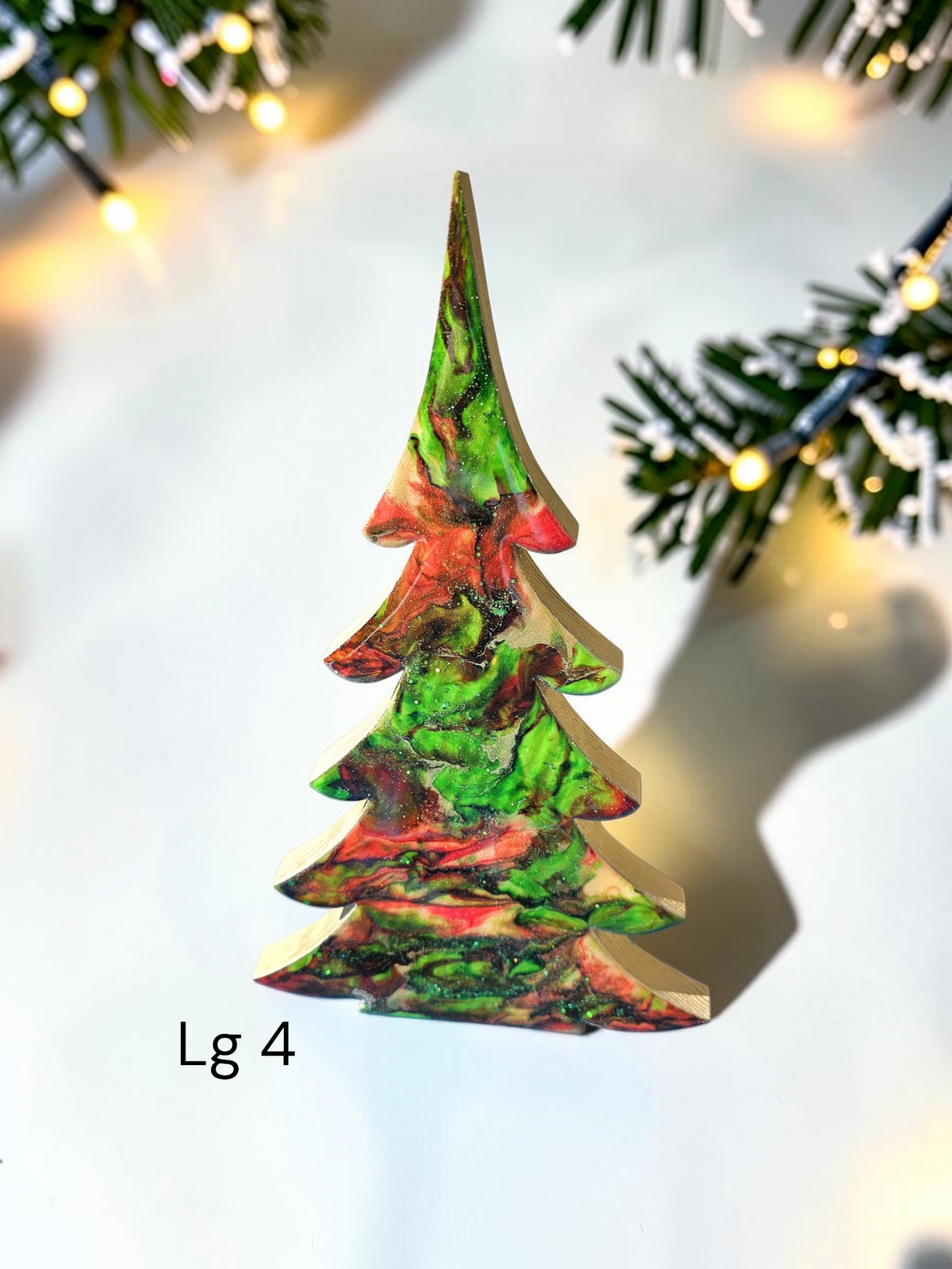 Handmade Green and Red Resin Christmas Trees with Branches Holiday Mantelpiece 3 Sizes