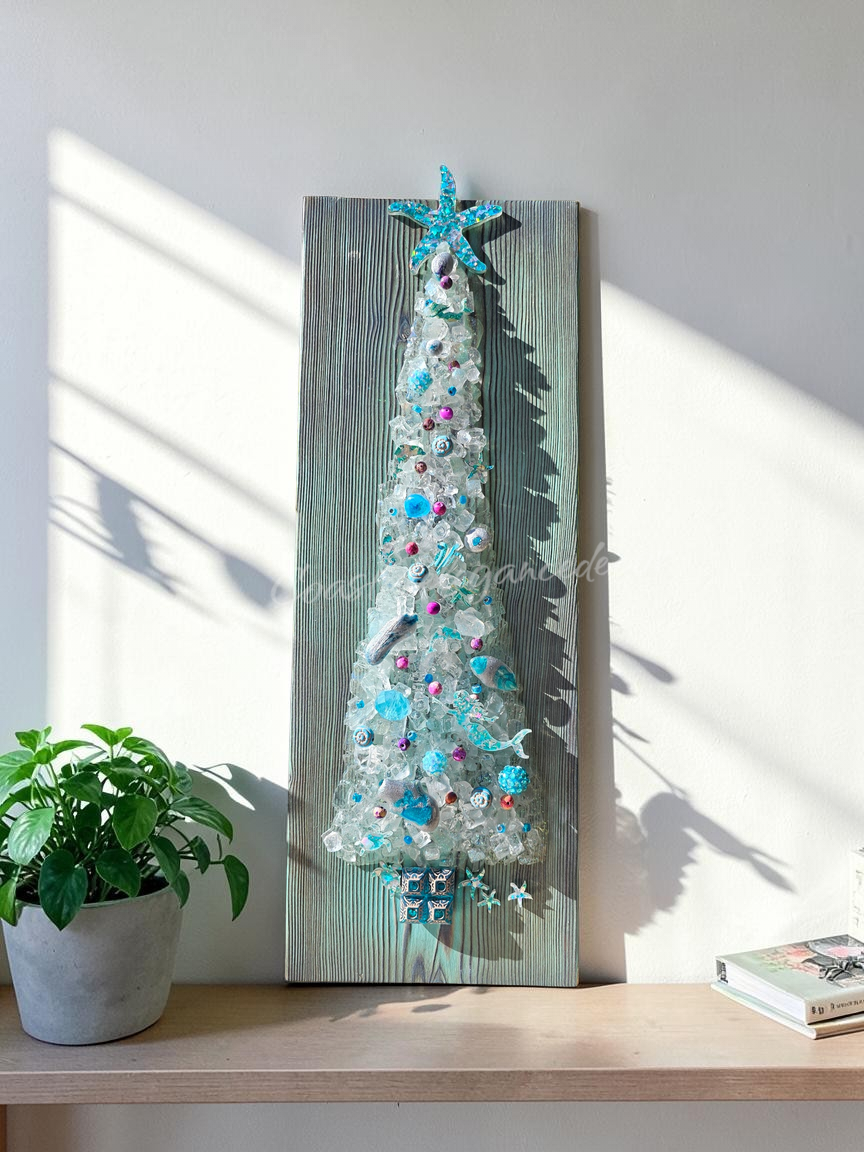 Coastal Crushed Glass Christmas Tree on Shou Sugi Ban Wood Turquoise