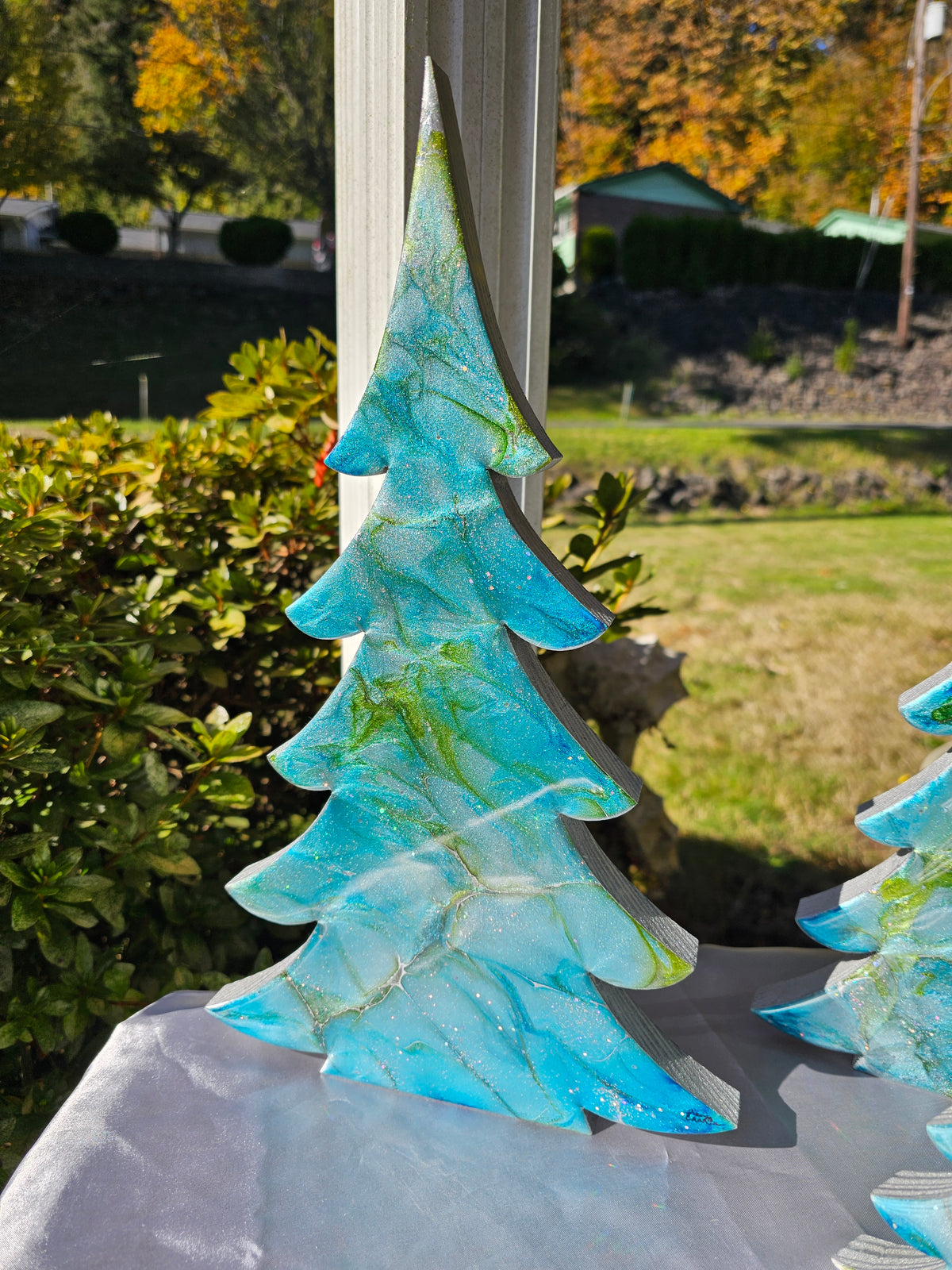Handmade Blue Green Silver Resin Christmas Trees Holiday Mantelpiece 3 Sizes