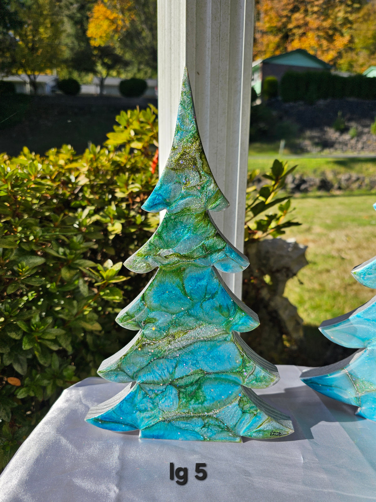 Handmade Blue Green Silver Resin Christmas Trees Holiday Mantelpiece 3 Sizes