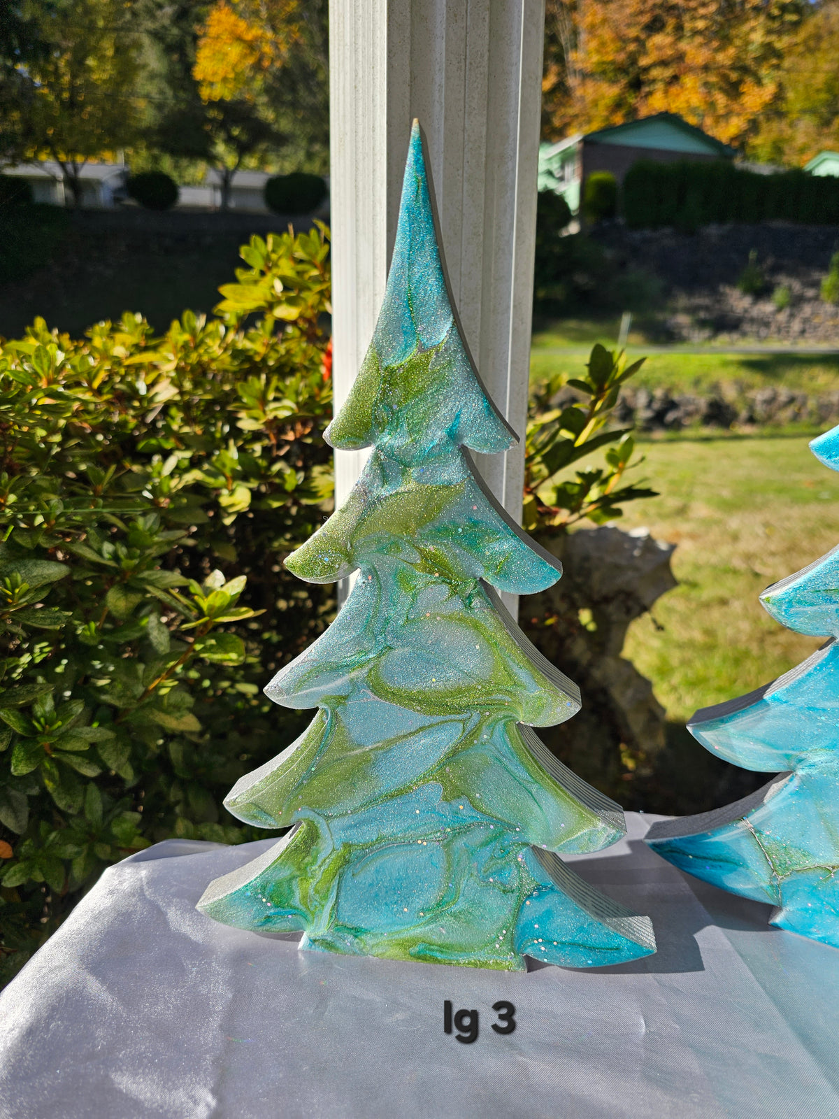 Handmade Blue Green Silver Resin Christmas Trees Holiday Mantelpiece 3 Sizes