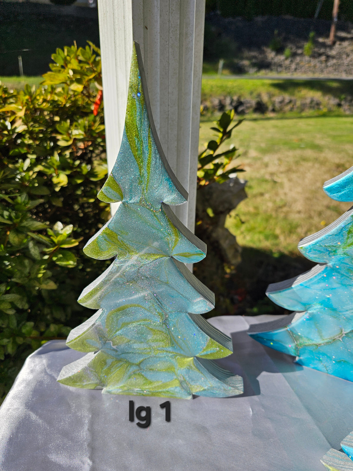 Handmade Blue Green Silver Resin Christmas Trees Holiday Mantelpiece 3 Sizes