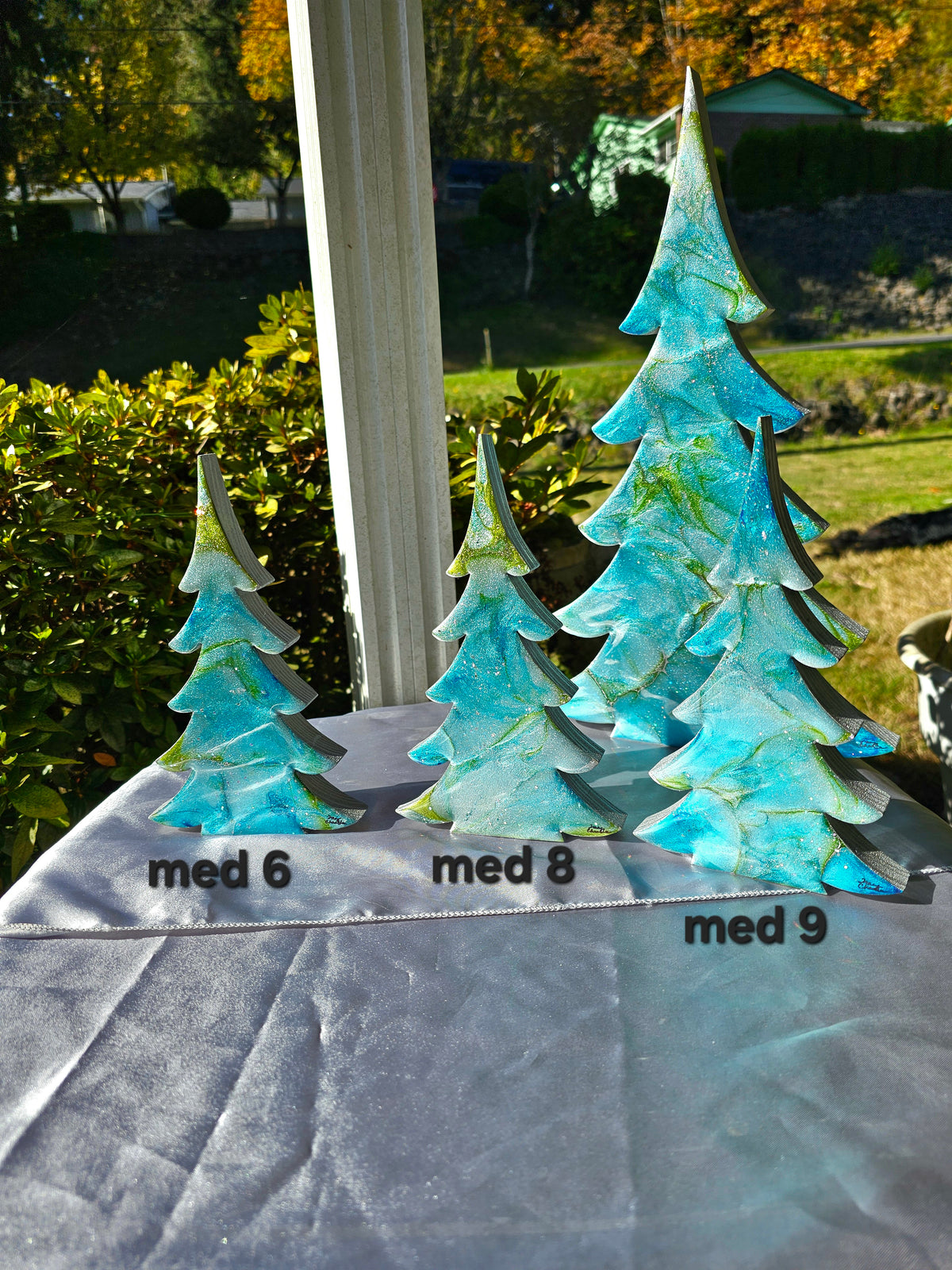 Handmade Blue Green Silver Resin Christmas Trees Holiday Mantelpiece 3 Sizes