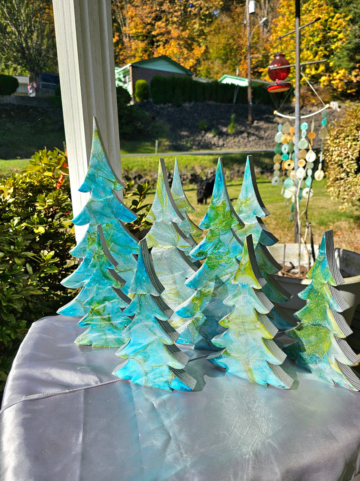 Handmade Blue Green Silver Resin Christmas Trees Holiday Mantelpiece 3 Sizes