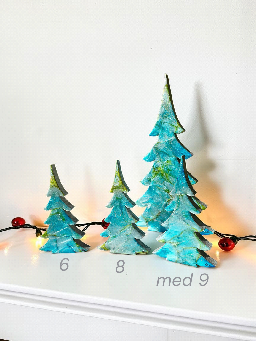 Handmade Blue Green Silver Resin Christmas Trees Holiday Mantelpiece 3 Sizes