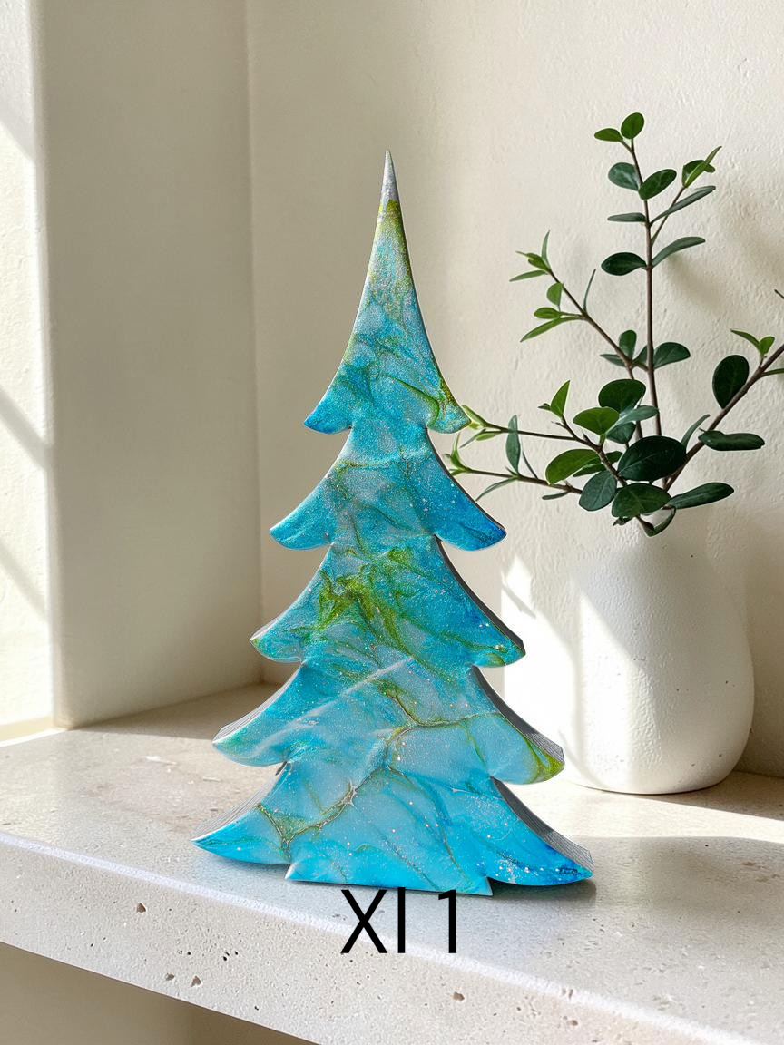Handmade Blue Green Silver Resin Christmas Trees Holiday Mantelpiece 3 Sizes