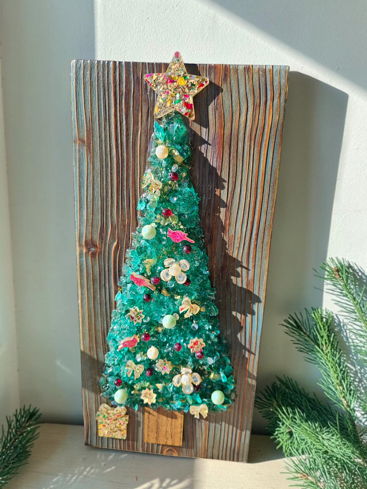 Holiday Crushed Glass Tree Wall Art | Greenish Blue Shou Sugi Ban Wood | Red Cardinal Glitter Star Resin Decor | 12x5.5