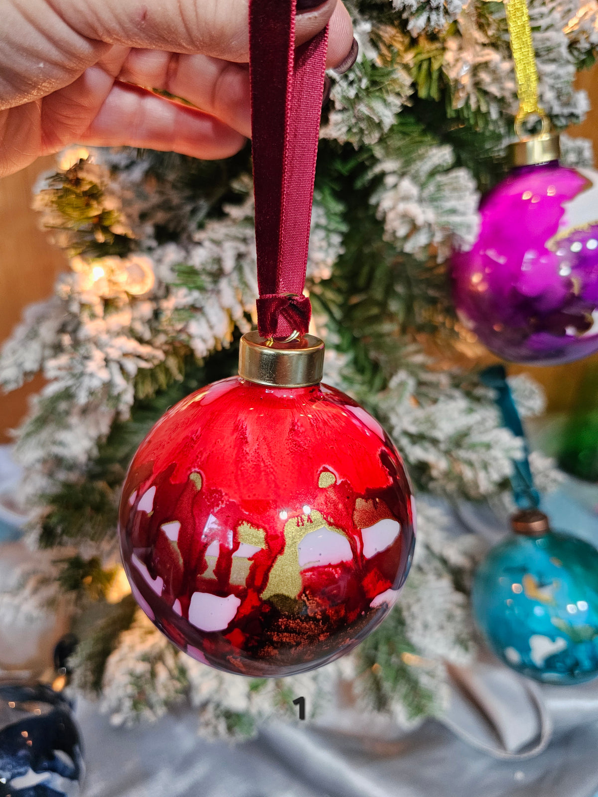 Handcrafted Crimson & Gold Ink Glass Christmas Ornament