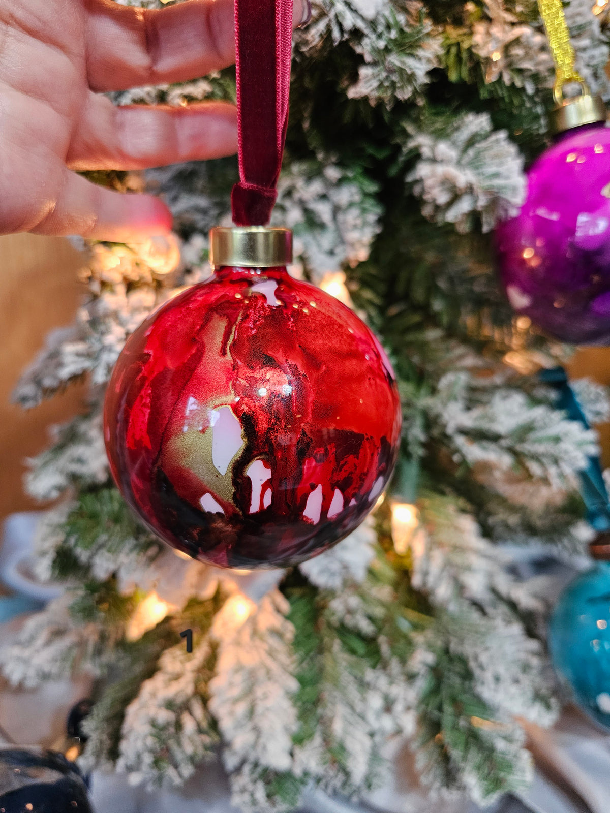Handcrafted Crimson & Gold Ink Glass Christmas Ornament