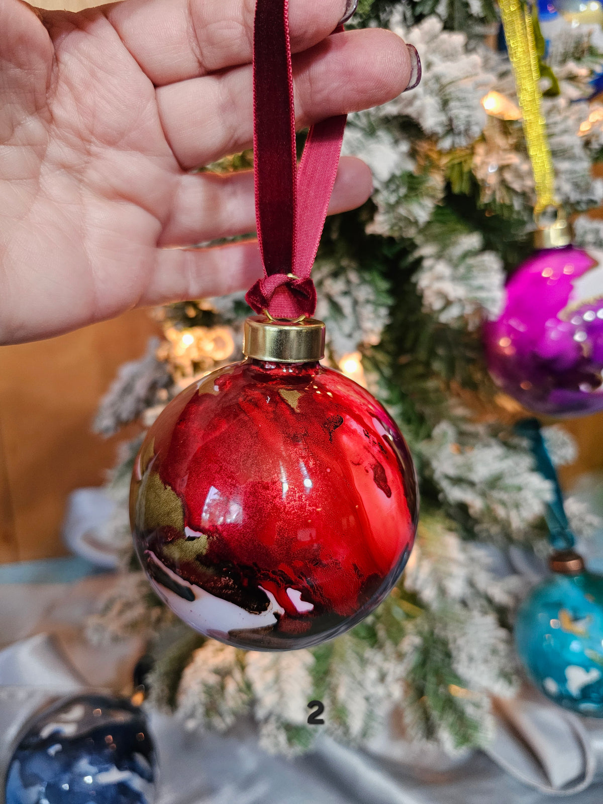 Handcrafted Crimson & Gold Ink Glass Christmas Ornament