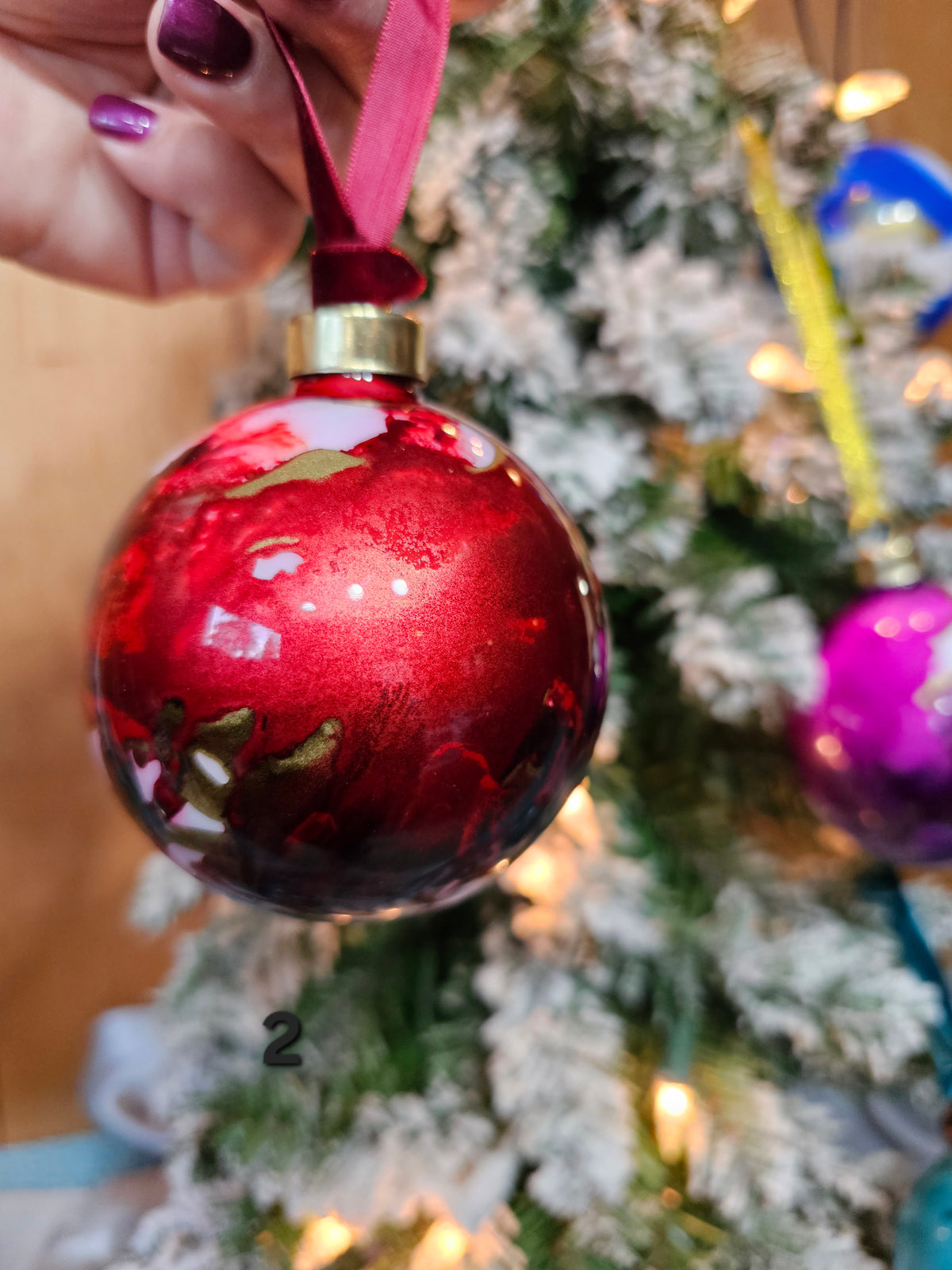 Handcrafted Crimson & Gold Ink Glass Christmas Ornament