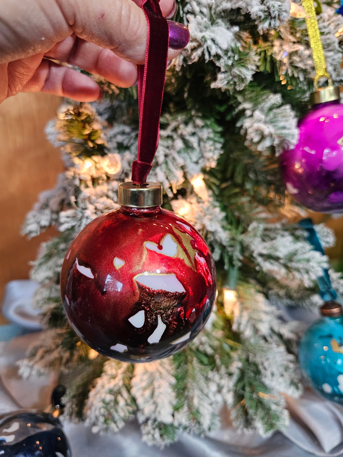Handcrafted Crimson & Gold Ink Glass Christmas Ornament