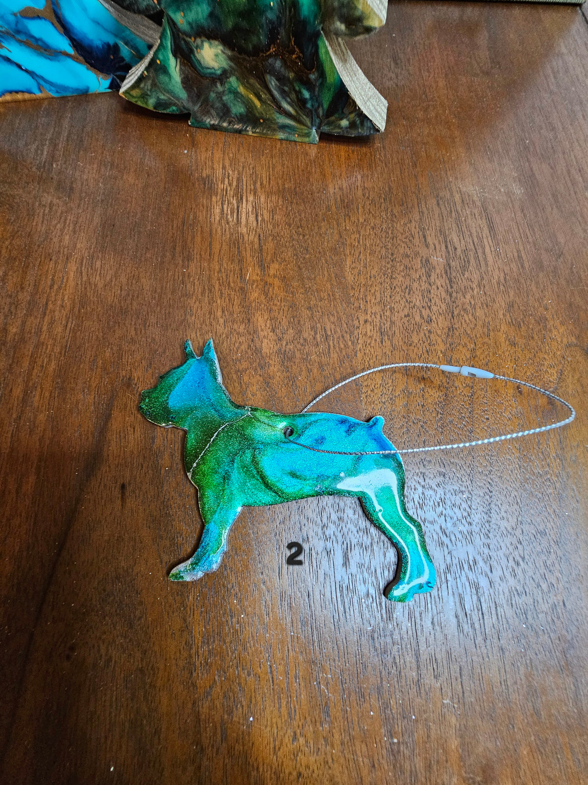 Handmade Boston Terrier Christmas Ornament | Colorful Resin on Wood Design | 3.5" x 2.75"