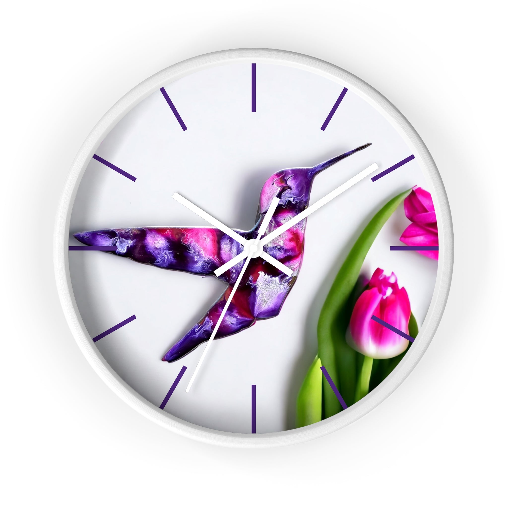 The stylish purple print wall clock with an intricate handmade resin on wood design, depicting a charming hummingbird against a floral backdrop.