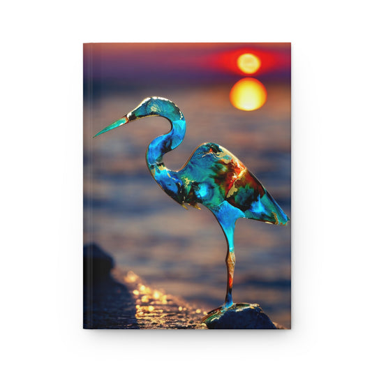 Stunning matte hardcover journal featuring a handmade resin blue heron on wood, set against a vibrant sunset backdrop.