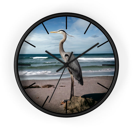 Close-up of the wall clock with a tropical beach scene and heron, crafted with handmade resin on wood for a vibrant accent.