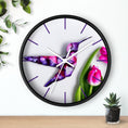 Load image into Gallery viewer, A full view of the Purple Print Art Hummingbird Wall Clock, featuring vibrant art made with handmade resin on wood, ideal for adding a personalized touch to your wall.
