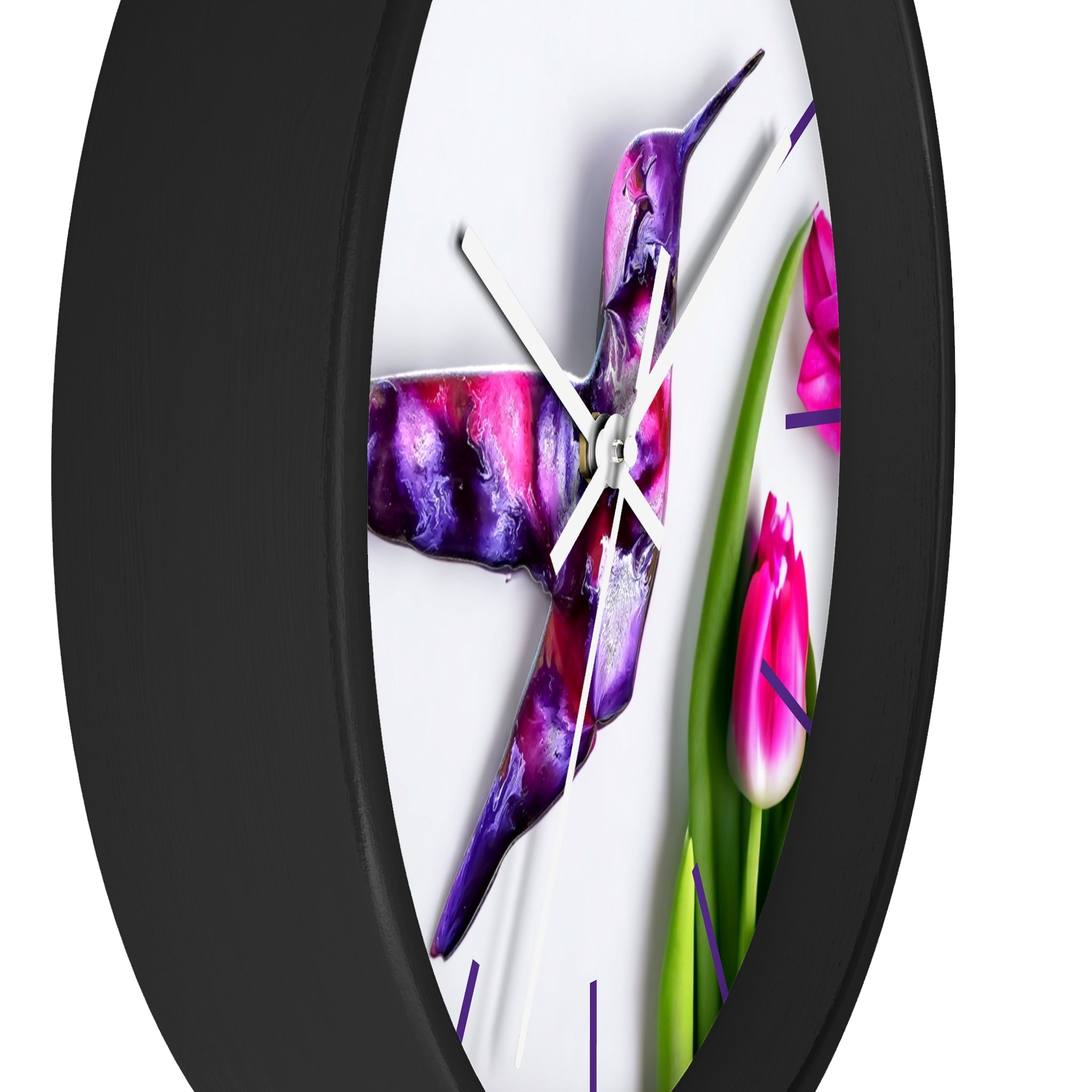 The back of the Purple Print Art Hummingbird Wall Clock showing the pre-installed hook, highlighting the handmade resin on wood craftsmanship that adds charm to any indoor space.