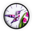 Load image into Gallery viewer, A close-up of the purple print art wall clock featuring handmade resin on wood with a vibrant hummingbird design surrounded by tulip flowers.
