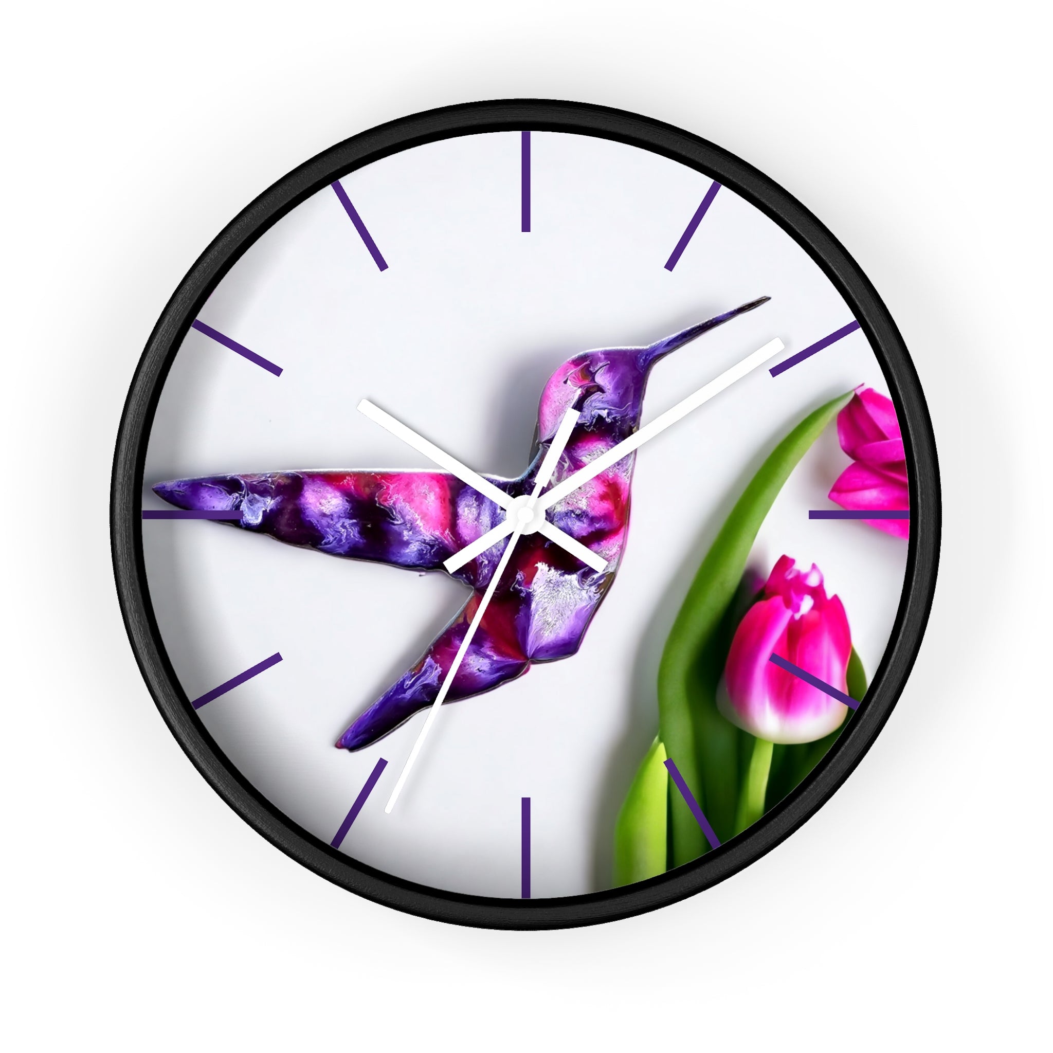 A close-up of the purple print art wall clock featuring handmade resin on wood with a vibrant hummingbird design surrounded by tulip flowers.