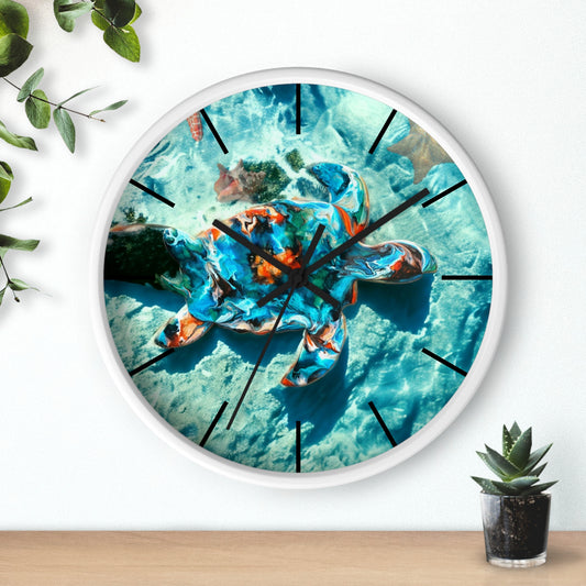 Close-up view of a tropical sea turtle printed on a round wall clock, featuring handmade resin on wood for a charming coastal decor.