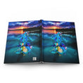 Load image into Gallery viewer, Close-up of a gorgeous mermaid handmade resin on wood design blending into a serene lake, captured at sunset, perfect for a journal cover.
