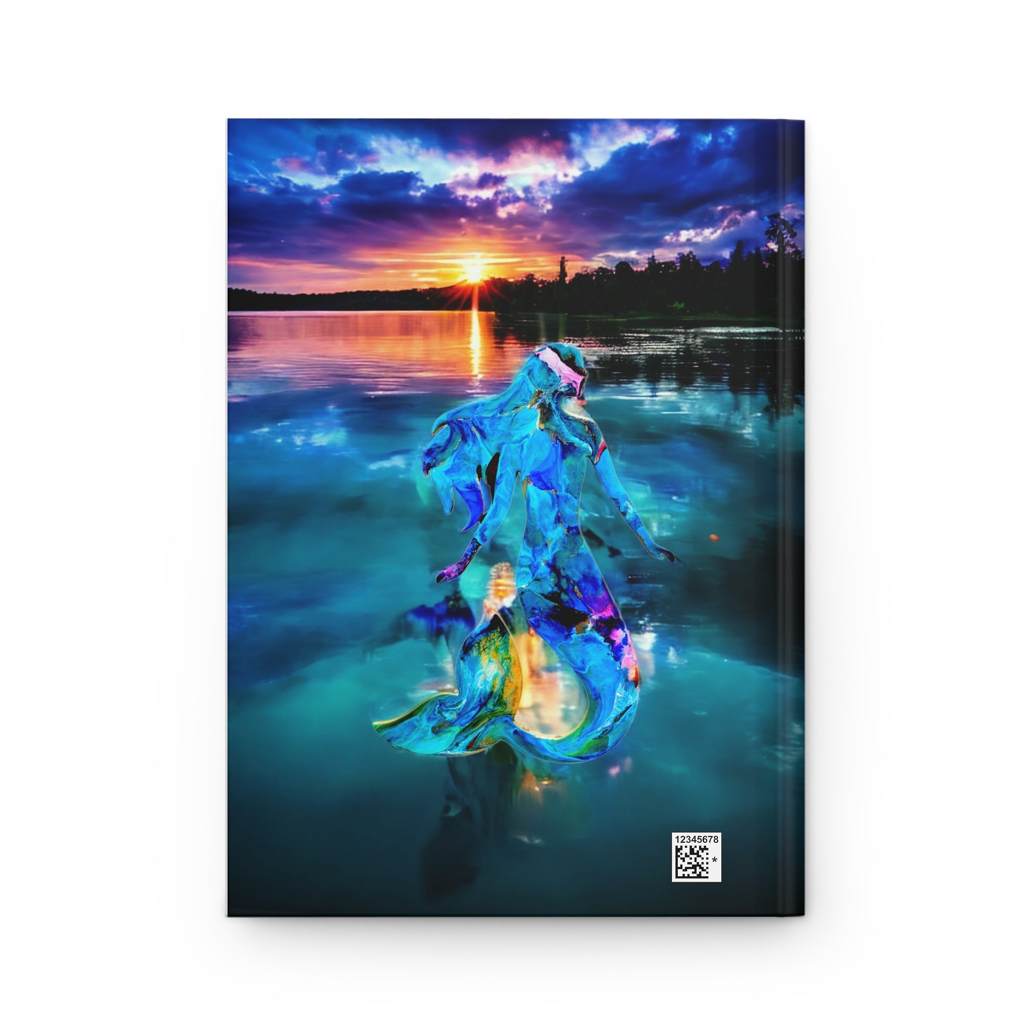 Beautiful matte hardcover journal with a unique handmade resin on wood mermaid design, blending harmoniously into a tranquil lake at dusk.