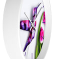 Load image into Gallery viewer, The elegant purple print art wall clock with tulip flowers as a backdrop, made with handmade resin on wood to enhance your home decor.
