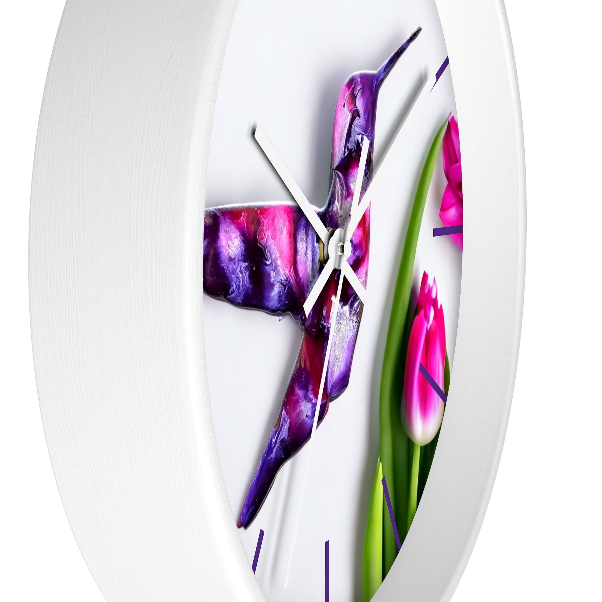 The elegant purple print art wall clock with tulip flowers as a backdrop, made with handmade resin on wood to enhance your home decor.