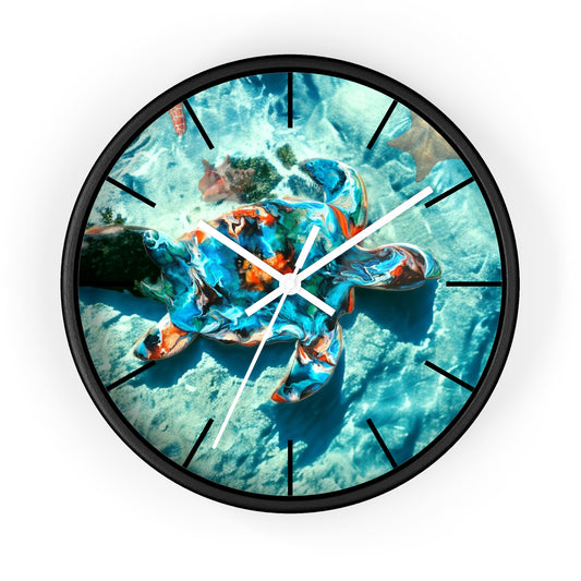 Stylish round wall clock showcasing a beautiful sea turtle design, crafted with handmade resin on wood, perfect for beach-themed interiors.