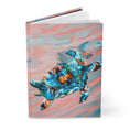 Load image into Gallery viewer, Open view of the hardcover journal revealing 150 lined pages and the stunning handmade resin on wood sea turtle print design on the cover.
