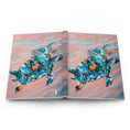 Load image into Gallery viewer, Colorful coral and teal sea turtle design on a matte hardcover journal, featuring a handmade resin on wood aesthetic with pink roses in the background.
