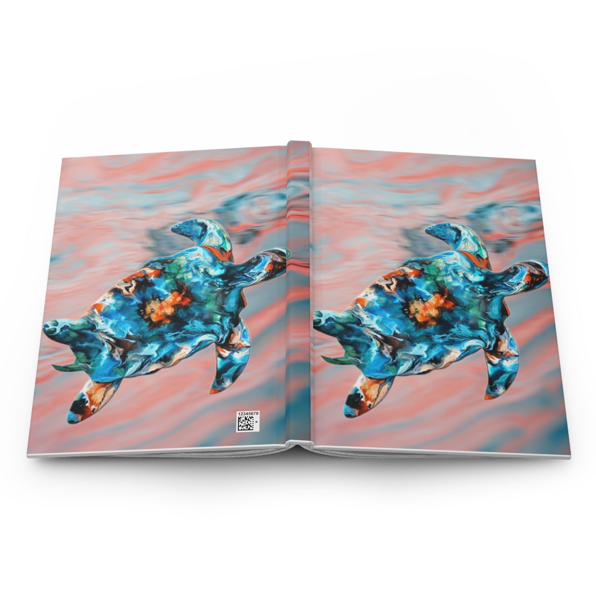 Colorful coral and teal sea turtle design on a matte hardcover journal, featuring a handmade resin on wood aesthetic with pink roses in the background.