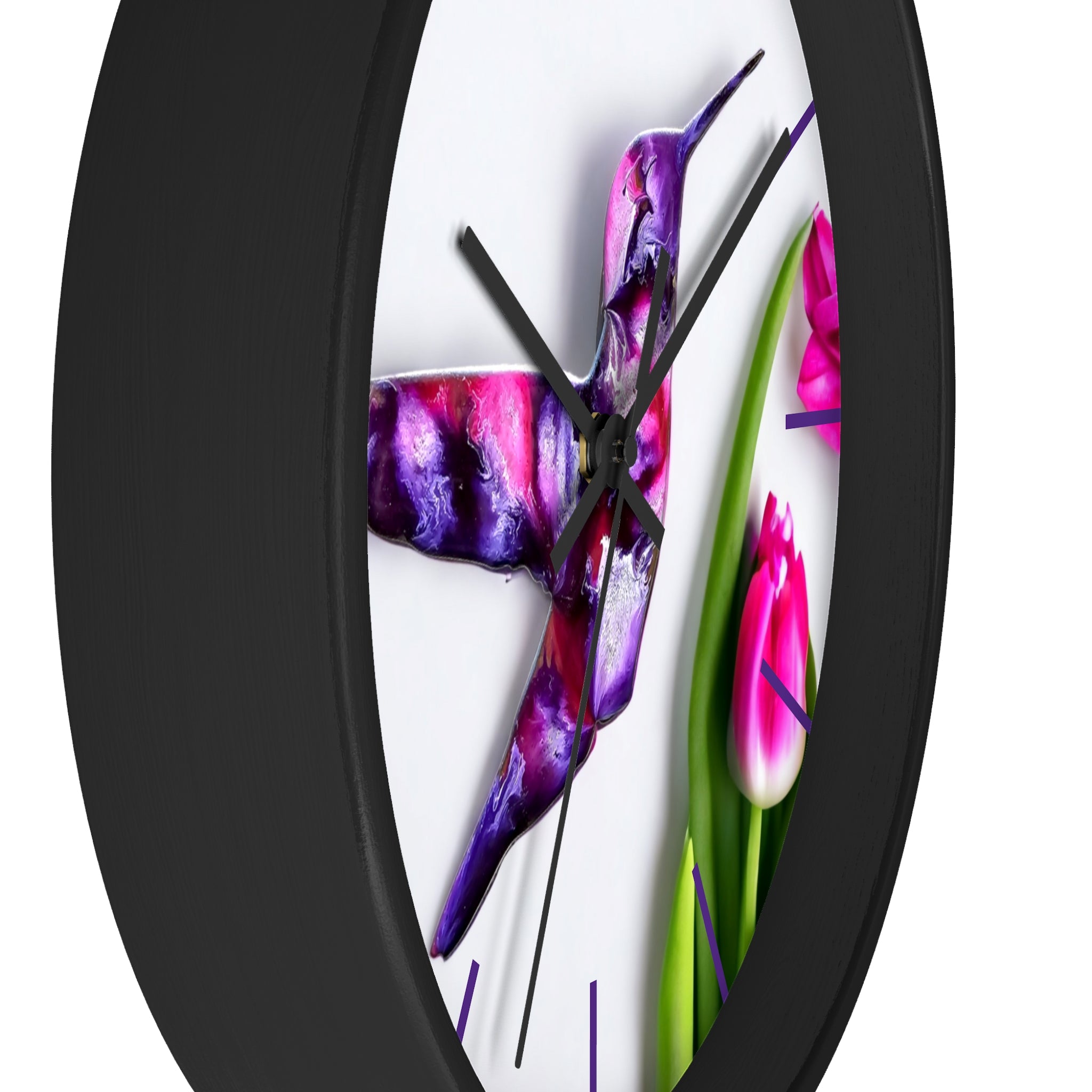 The side view of the Purple Print Art Hummingbird Wall Clock displaying the unique handcrafted resin artwork set against a backdrop of tulip flowers, crafted with handmade resin on wood.