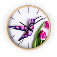 Load image into Gallery viewer, Colorful Purple Hummingbird wall clock featuring handmade resin on wood, creating a vibrant statement piece for your home.
