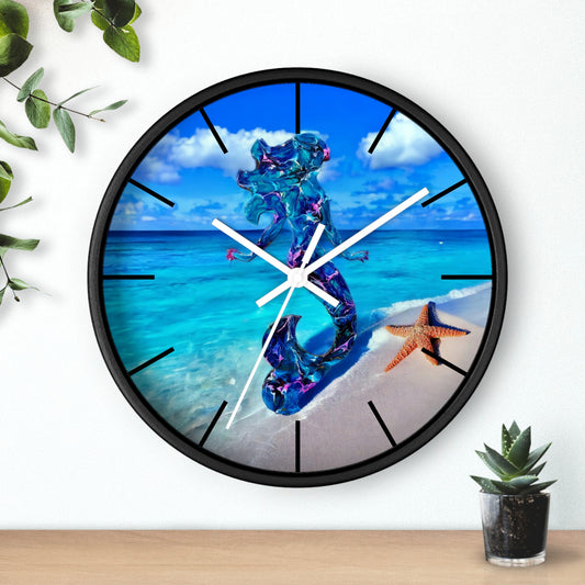 Close-up view of a starfish detail on the wall clock, showcasing handmade resin on wood craftsmanship.