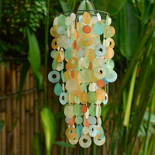 Handcrafted Large Capiz Shell Wind Chime Chandelier in Peach Green Blues 9x24 Inches