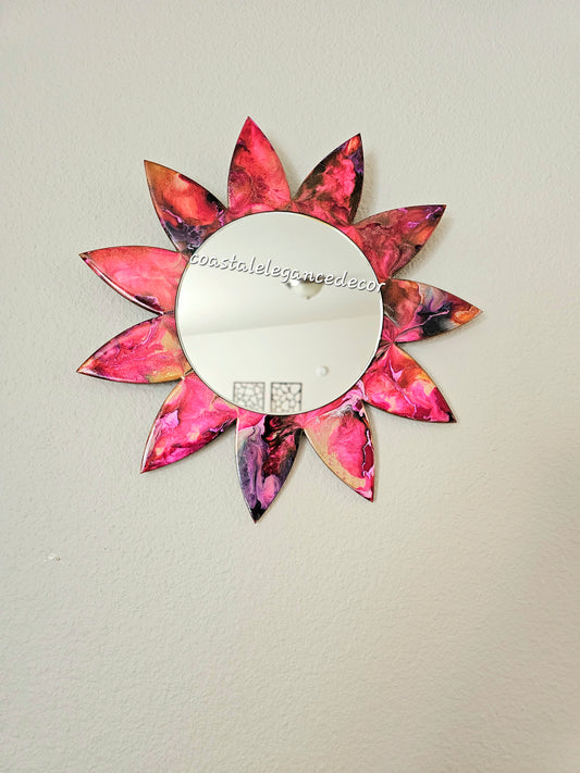 Pink Flower Resin On Wood Unique Wall Mirror