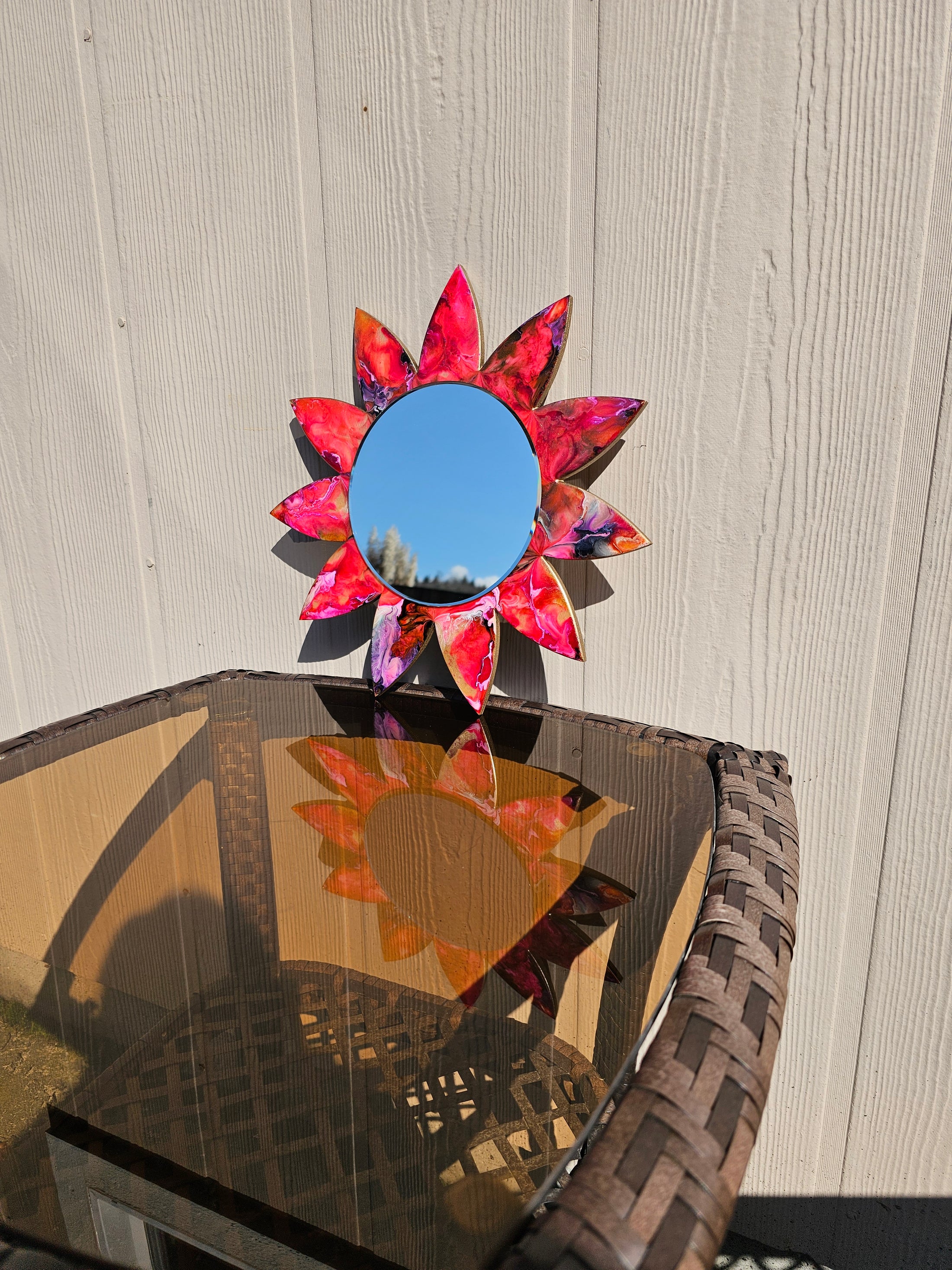 Pink Flower Resin On Wood Unique Wall Mirror