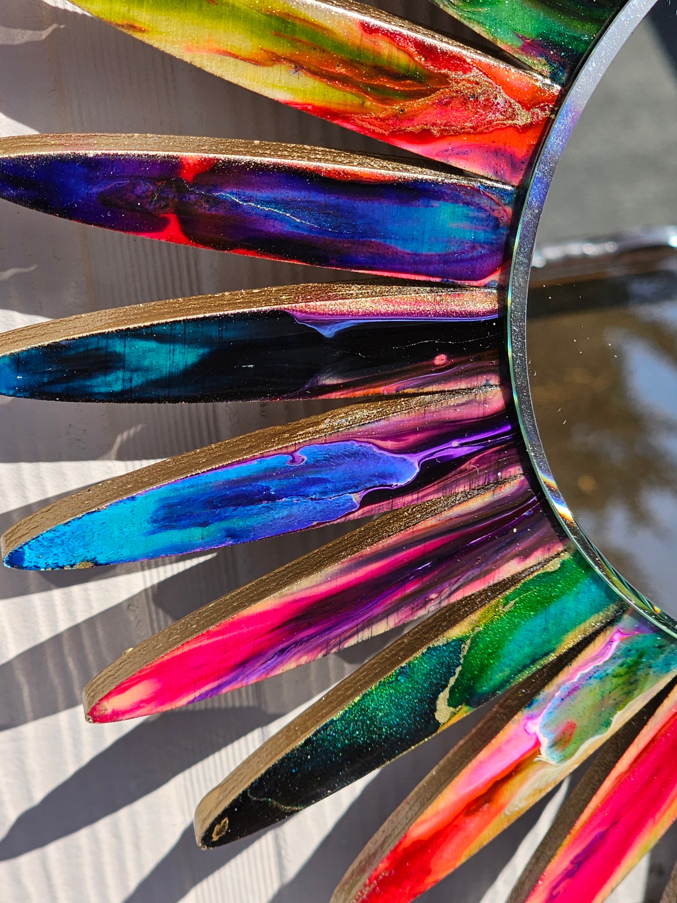 Colorful Sunburst Resin On Wood Unique Wall Mirror
